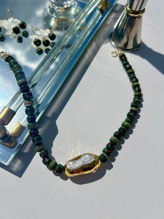 Gold and Green Bone Bead Necklace
