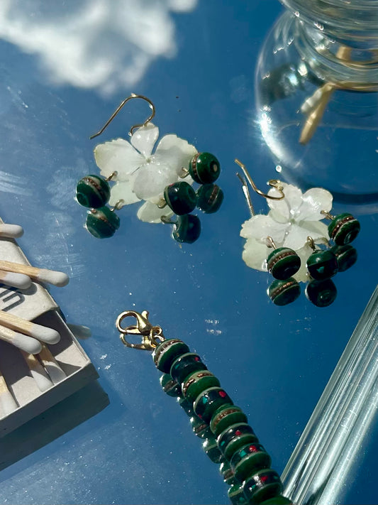 White Hydrangea Bone Bead Dangle Earrings